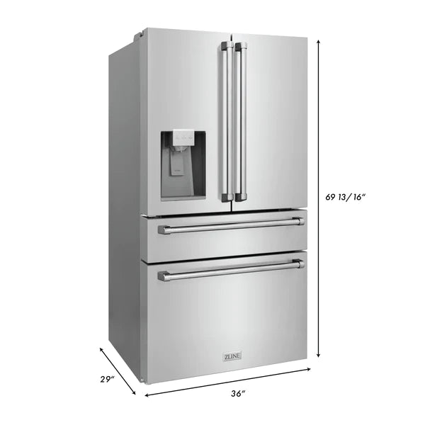 ZLINE 36" 21.6 cu. ft. 4-Door French Door Refrigerator with Water and Ice Dispenser and Water Filter in Fingerprint Resistant Stainless Steel (RFM-W-WF-36)