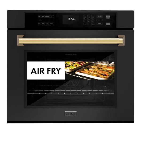 ZLINE 30 in. Autograph Edition Professional True Convection Single Wall Oven with Air Fry and Self Clean in Black Stainless Steel with Accent Handle (WASBZ-30)