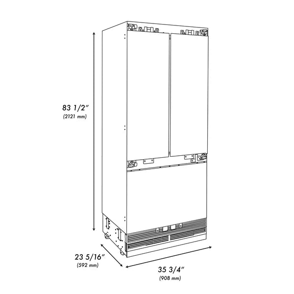 ZLINE Autograph Edition 36 in. 19.6 cu. ft. Panel Ready French Door Built-In Bottom Freezer Refrigerator with Water Dispenser and Ice Maker with Graphite Gray Interior and Accent Handles (GRBIVZ-36)