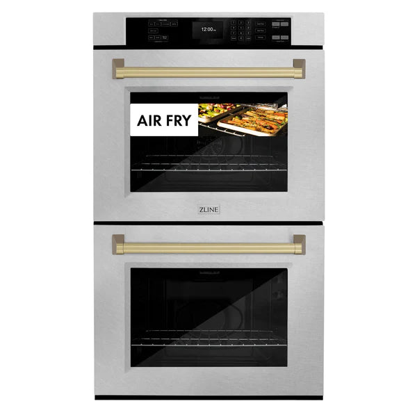 ZLINE 30 in. Autograph Edition Professional True Convection Double Wall Oven with Air Fry and Self Clean in DuraSnow® Stainless Steel with Accent Handles (WADSZ-30)