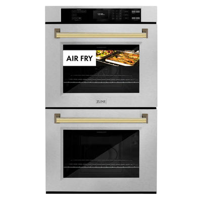 ZLINE 30 in. Autograph Edition Professional True Convection Double Wall Oven with Air Fry and Self Clean in DuraSnow® Stainless Steel with Accent Handles (WADSZ-30)