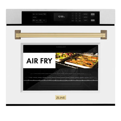 ZLINE 30 in. Autograph Edition Professional True Convection Single Wall Oven with Air Fry and Self Clean in DuraSnow® Stainless Steel with White Matte Door and Accent Handle (WASSZ-WM-30)