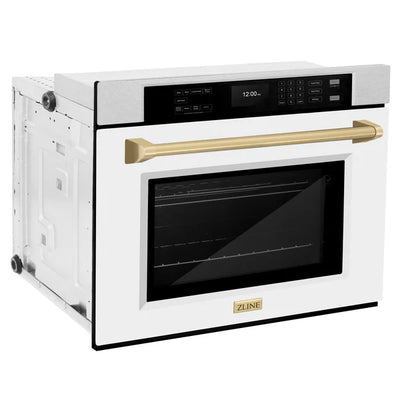 ZLINE 30 in. Autograph Edition Professional True Convection Single Wall Oven with Air Fry and Self Clean in DuraSnow® Stainless Steel with White Matte Door and Accent Handle (WASSZ-WM-30)