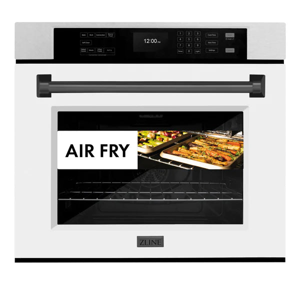 ZLINE 30 in. Autograph Edition Professional True Convection Single Wall Oven with Air Fry and Self Clean in DuraSnow® Stainless Steel with White Matte Door and Accent Handle (WASSZ-WM-30)