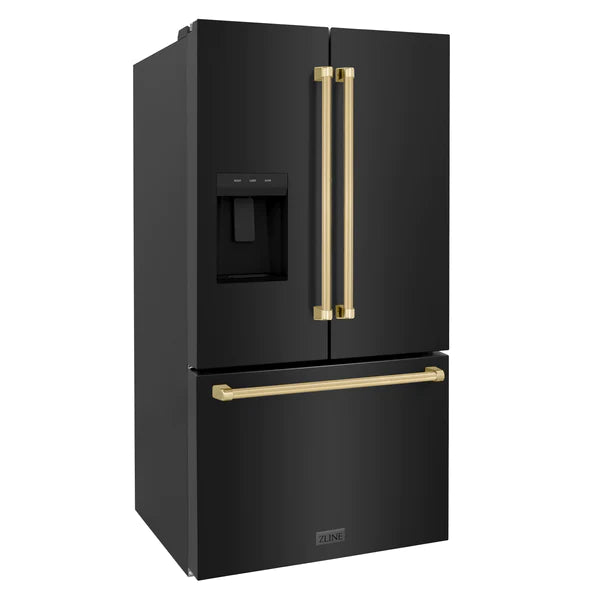 ZLINE Autograph Edition 36 in. 28.9 cu. ft. Standard-Depth French Door External Water Dispenser Refrigerator with Dual Ice Maker in Black Stainless Steel with Accent Handles (RSMZ-W-36-BS)