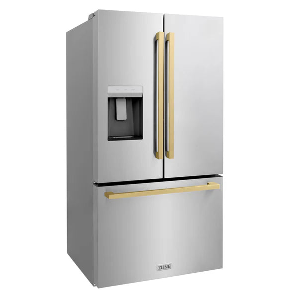 ZLINE Autograph Edition 36 in. 28.9 cu. ft. Standard-Depth French Door External Water Dispenser Refrigerator with Dual Ice Maker in Fingerprint Resistant Stainless Steel and Champagne Bronze Modern Handles (RSMZ-W-36-FCB)