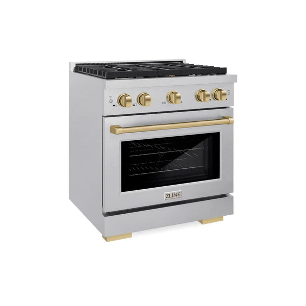 ZLINE Autograph Edition 30 in. 4.2 cu. ft. 4 Burner Gas Range with Convection Gas Oven in DuraSnow® Stainless Steel and Accents (SGRSZ-30)