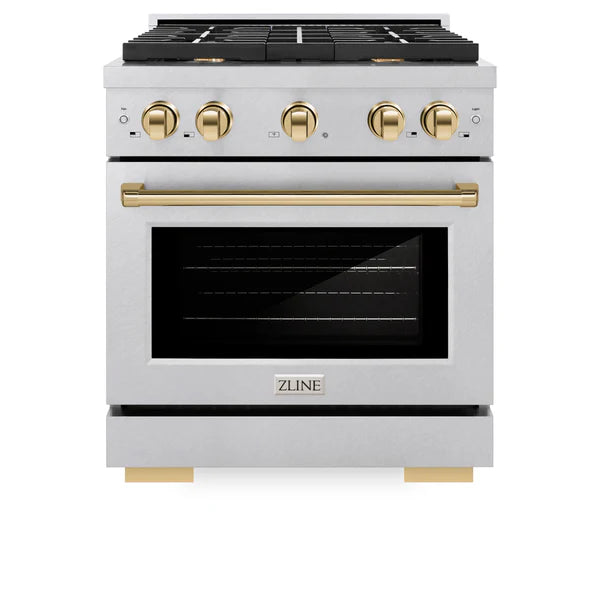 ZLINE Autograph Edition 30 in. 4.2 cu. ft. 4 Burner Gas Range with Convection Gas Oven in DuraSnow® Stainless Steel and Accents (SGRSZ-30)