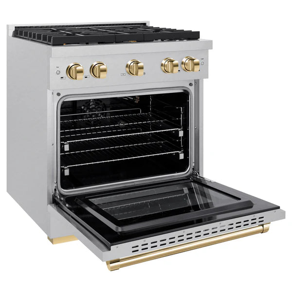 ZLINE Autograph Edition 30 in. 4.2 cu. ft. 4 Burner Gas Range with Convection Gas Oven in DuraSnow® Stainless Steel and Accents (SGRSZ-30)