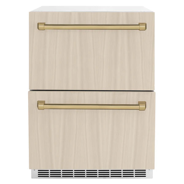 ZLINE Autograph Edition 24 in. Touchstone 168 Can Outdoor-Rated Dual Refrigerator Drawer with Panel-Ready Doors and Polished Handles (RDSPOZ-24)