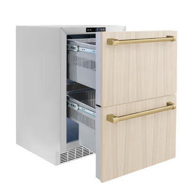 ZLINE Autograph Edition 24 in. Touchstone 168 Can Outdoor-Rated Dual Refrigerator Drawer with Panel-Ready Doors and Polished Handles (RDSPOZ-24)