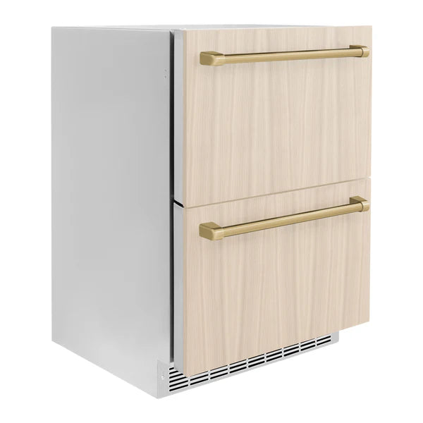 ZLINE Autograph Edition 24 in. Touchstone 168 Can Outdoor-Rated Dual Refrigerator Drawer with Panel-Ready Doors and Polished Handles (RDSPOZ-24)