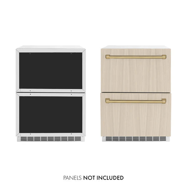 ZLINE Autograph Edition 24 in. Touchstone 168 Can Outdoor-Rated Dual Refrigerator Drawer with Panel-Ready Doors and Polished Handles (RDSPOZ-24)