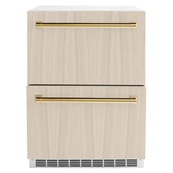 ZLINE Autograph Edition 24 in. Touchstone 168 Can Outdoor-Rated Dual Refrigerator Drawer with Panel-Ready Doors and Polished Handles (RDSPOZ-24)