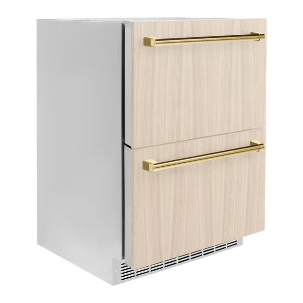 ZLINE Autograph Edition 24 in. Touchstone 168 Can Outdoor-Rated Dual Refrigerator Drawer with Panel-Ready Doors and Polished Handles (RDSPOZ-24)