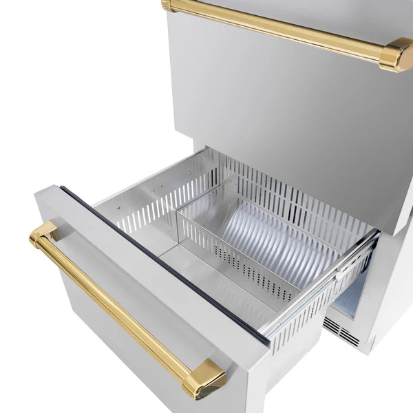 ZLINE Autograph Edition 24 in. Touchstone 168 Can Outdoor-Rated Dual Refrigerator Drawer with Stainless Steel Doors and Polished Handles (RDSOZ-ST-24)