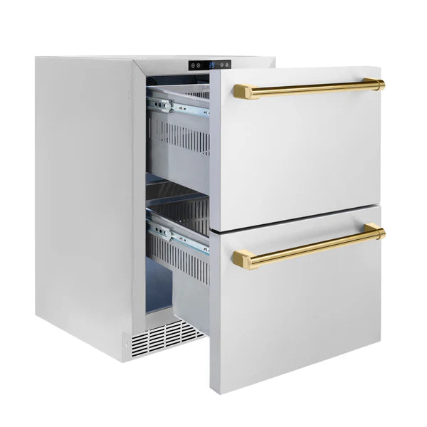 ZLINE Autograph Edition 24 in. Touchstone 168 Can Outdoor-Rated Dual Refrigerator Drawer with Stainless Steel Doors and Polished Handles (RDSOZ-ST-24)