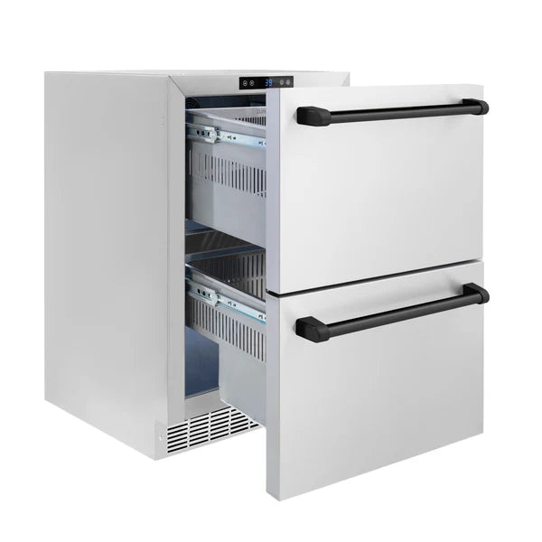 ZLINE Autograph Edition 24 in. Touchstone 168 Can Outdoor-Rated Dual Refrigerator Drawer with Stainless Steel Doors and Polished Handles (RDSOZ-ST-24)