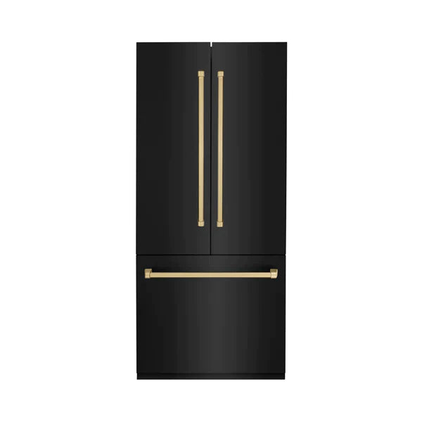 ZLINE 36" Autograph Edition 19.6 cu. ft. Built-in 3-DoorFrench Door Refrigerator with Internal Water and Ice Dispenser in Black Stainless Steel with Accents (RBIVZ-BS-36)
