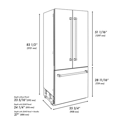 ZLINE 36" 19.6 cu. ft. Built-In 3-Door French Door Refrigerator with Internal Water and Ice Dispenser in Fingerprint Resistant Stainless Steel (RBIV-SN-36)