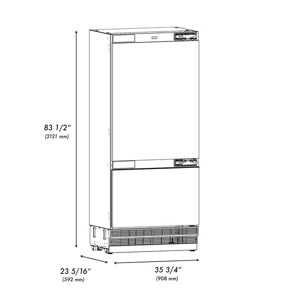 ZLINE 36 in. 19.8 cu. ft. Panel Ready Built-In Bottom Freezer Refrigerator with Water Dispenser and Ice Maker with Graphite Gray Interior (GRBIT-36)