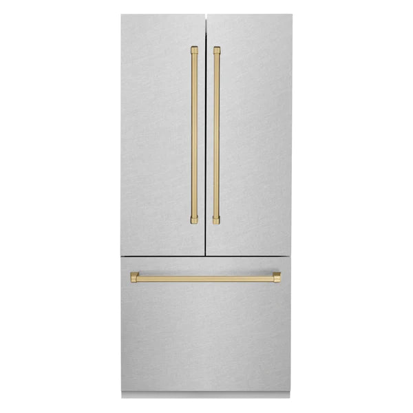ZLINE 36" Autograph Edition 19.6 cu. ft. Built-in 3-Door French Door Refrigerator with Internal Water and Ice Dispenser in Fingerprint Resistant Stainless Steel with Accents (RBIVZ-SN-36)