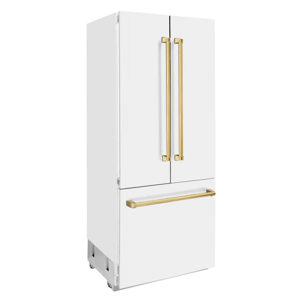 ZLINE 36" Autograph Edition 19.6 cu. ft. Built-in 3-Door French Door Refrigerator with Internal Water and Ice Dispenser in White Matte with Accents (RBIVZ-WM-36)