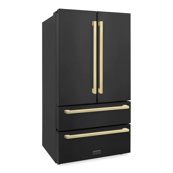 ZLINE 36 in. Autograph Edition 22.5 cu. ft 4-Door French Door Refrigerator with Ice Maker in Black Stainless Steel with Champagne Bronze Square Handles (RFMZ-36-BS-FCB)