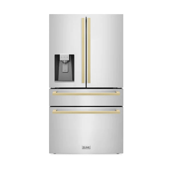 ZLINE 36 in. Autograph Edition 21.6 cu. ft 4-Door French Door Refrigerator with Water and Ice Dispenser in Stainless Steel with Champagne Bronze Square Handles (RFMZ-W-36-FCB)