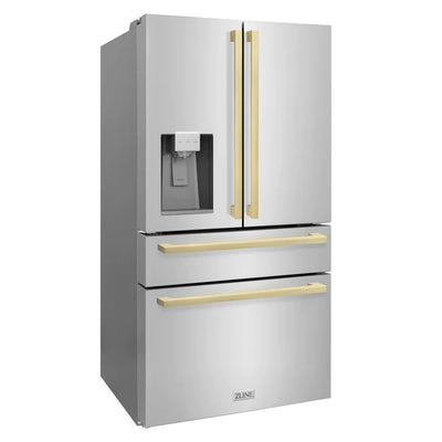 ZLINE 36 in. Autograph Edition 21.6 cu. ft 4-Door French Door Refrigerator with Water and Ice Dispenser in Stainless Steel with Champagne Bronze Square Handles (RFMZ-W-36-FCB)