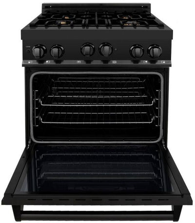 ZLINE Kitchen Package with Black Stainless Steel Refrigeration, 30" Gas Range, 30" Range Hood and Microwave Drawer