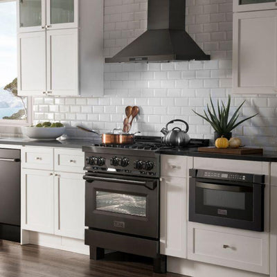 ZLINE Kitchen Package with Black Stainless Steel Refrigeration, 30" Gas Range and 30" Traditional Over the Range Microwave