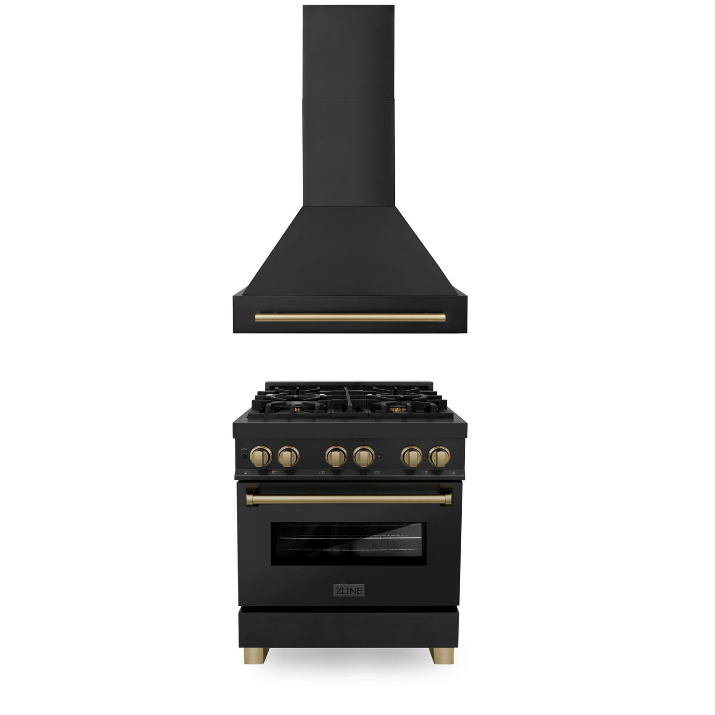 ZLINE 30" Autograph Edition Kitchen Package with Black Stainless Steel Dual Fuel Range and Range Hood with Champagne Bronze Accents