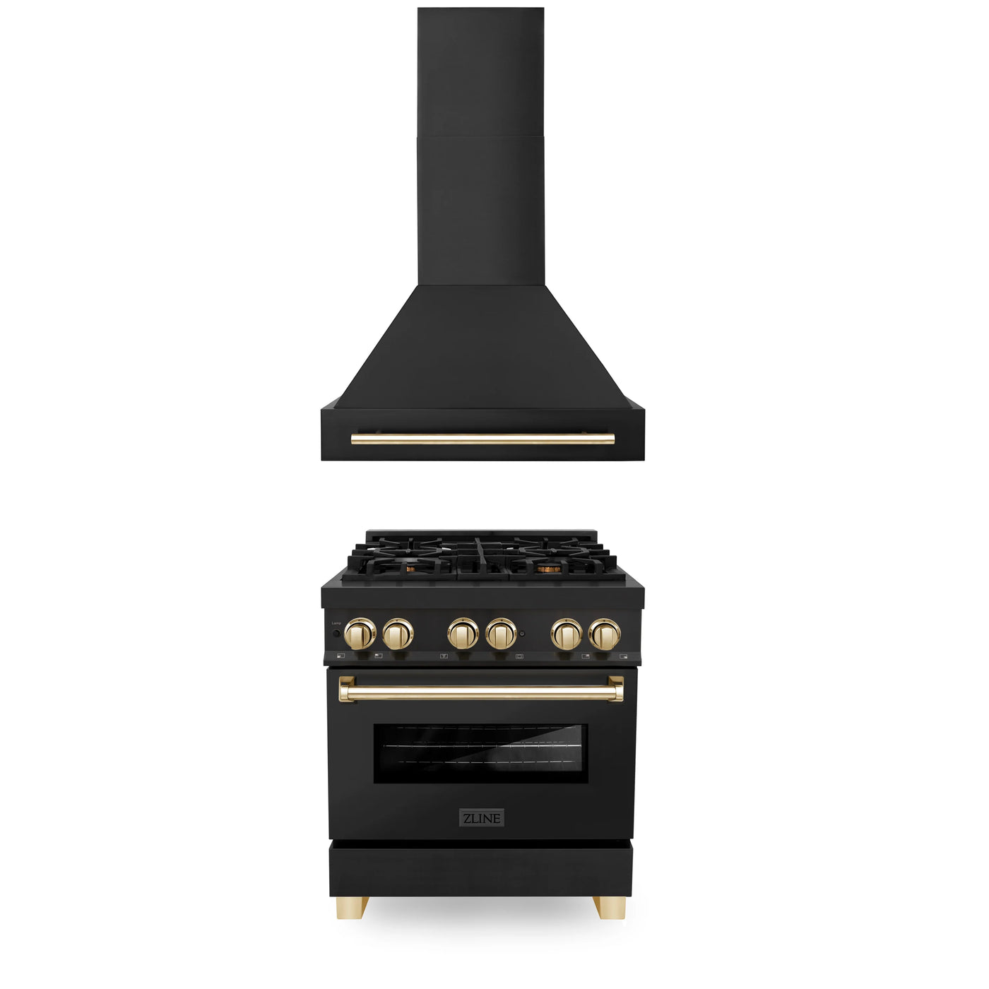 ZLINE 30" Autograph Edition Kitchen Package with Black Stainless Steel Dual Fuel Range and Range Hood with Gold Accents