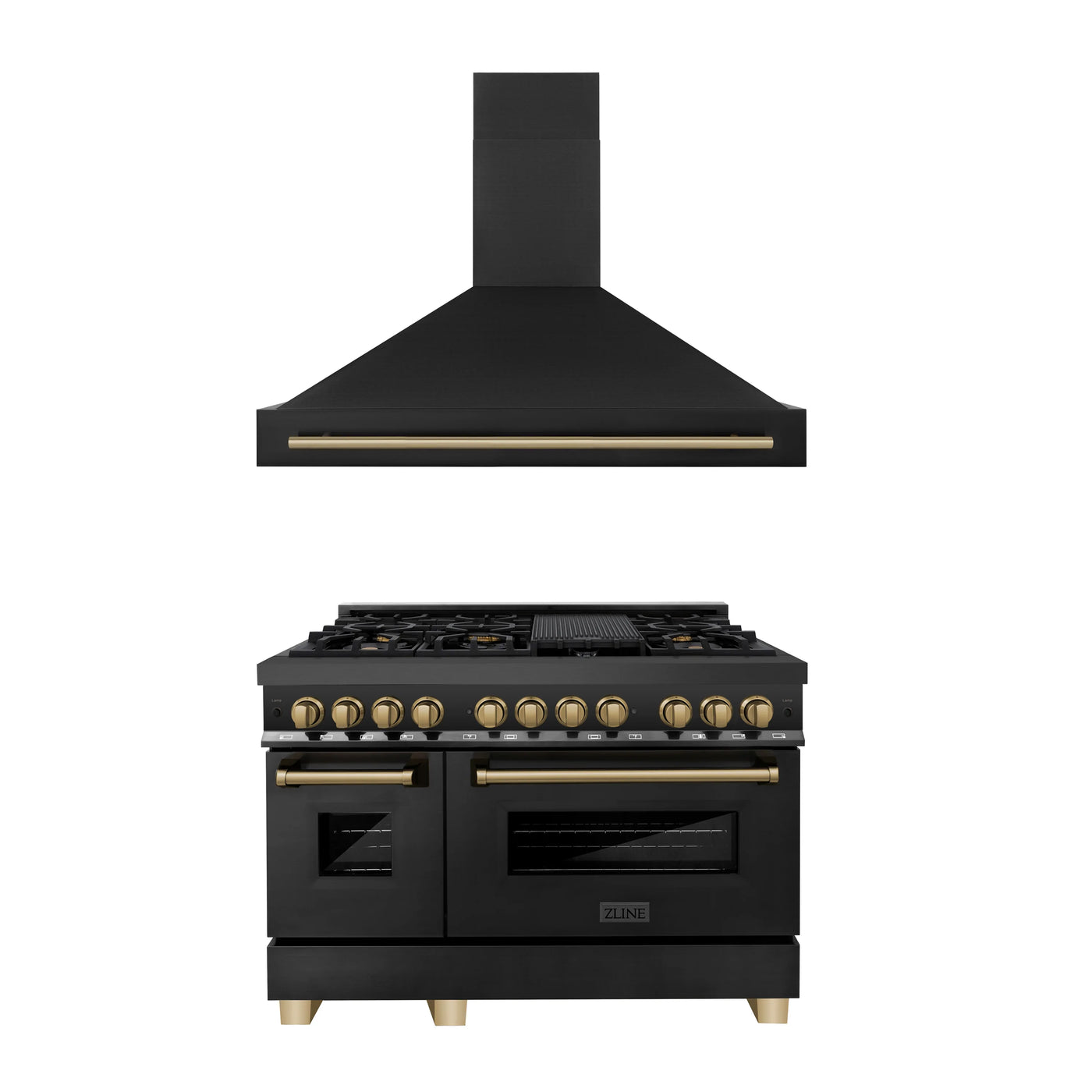 ZLINE 48" Autograph Edition Kitchen Package with Black Stainless Steel Dual Fuel Range and Range Hood with Champagne Bronze Accents