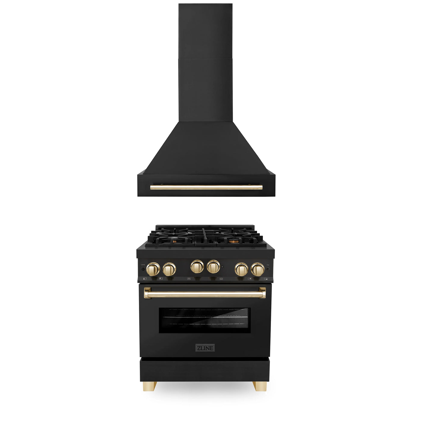 ZLINE 30" Autograph Edition Kitchen Package with Black Stainless Steel Gas Range and Range Hood with Gold Accents