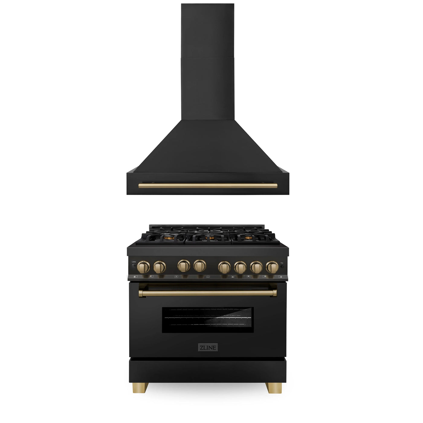 ZLINE 36" Autograph Edition Kitchen Package with Black Stainless Steel Gas Range and Range Hood with Champagne Bronze Accents