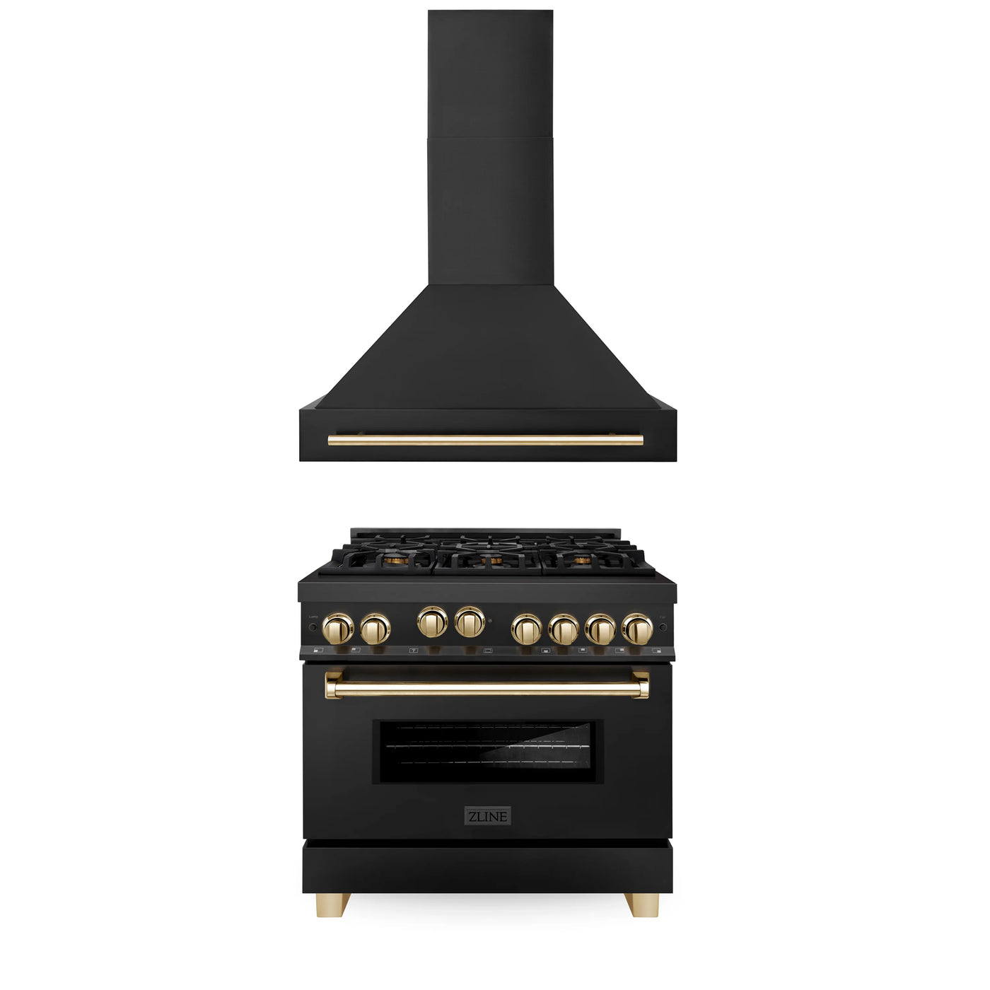 ZLINE 36" Autograph Edition Kitchen Package with Black Stainless Steel Gas Range and Range Hood with Gold Accents