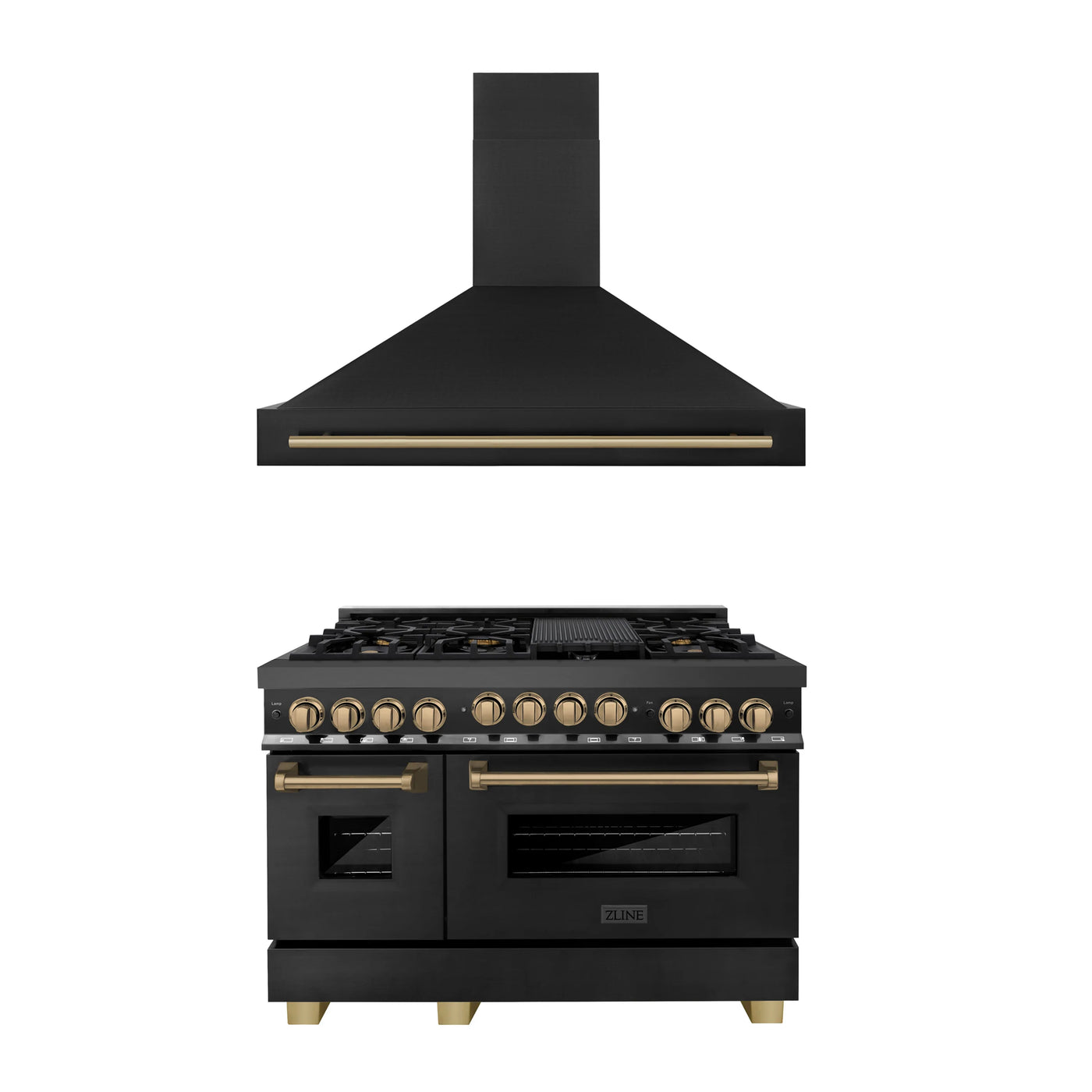 ZLINE 48" Autograph Edition Kitchen Package with Black Stainless Steel Gas Range and Range Hood with Champagne Bronze Accents
