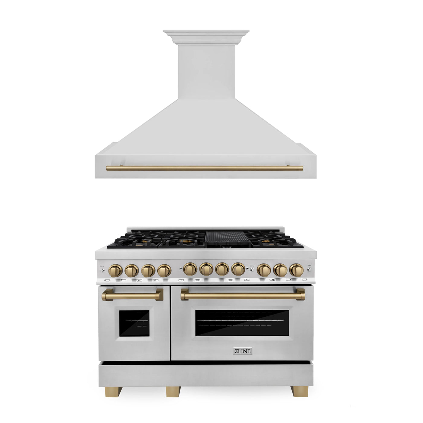 ZLINE 48" Autograph Edition Kitchen Package with Stainless Steel Gas Range and Range Hood with Champagne Bronze Accents