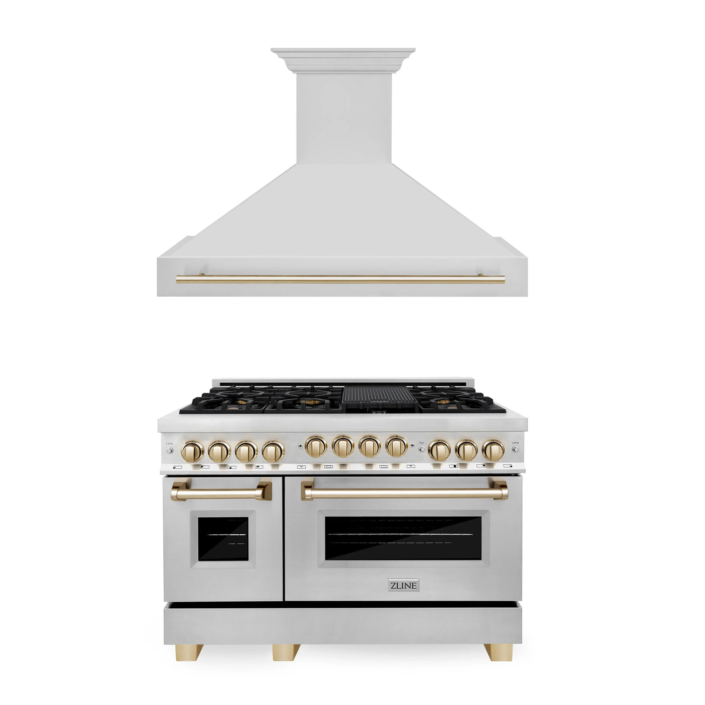 ZLINE 48" Autograph Edition Kitchen Package with Stainless Steel Gas Range and Range Hood with Gold Accents