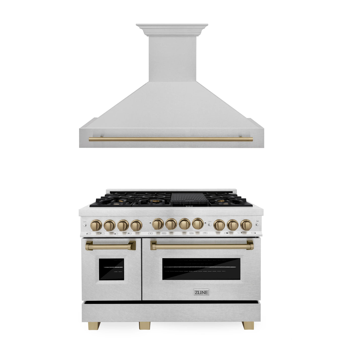 ZLINE 48" Autograph Edition Kitchen Package with DuraSnow® Stainless Steel Gas Range and Range Hood with Champagne Bronze Accents