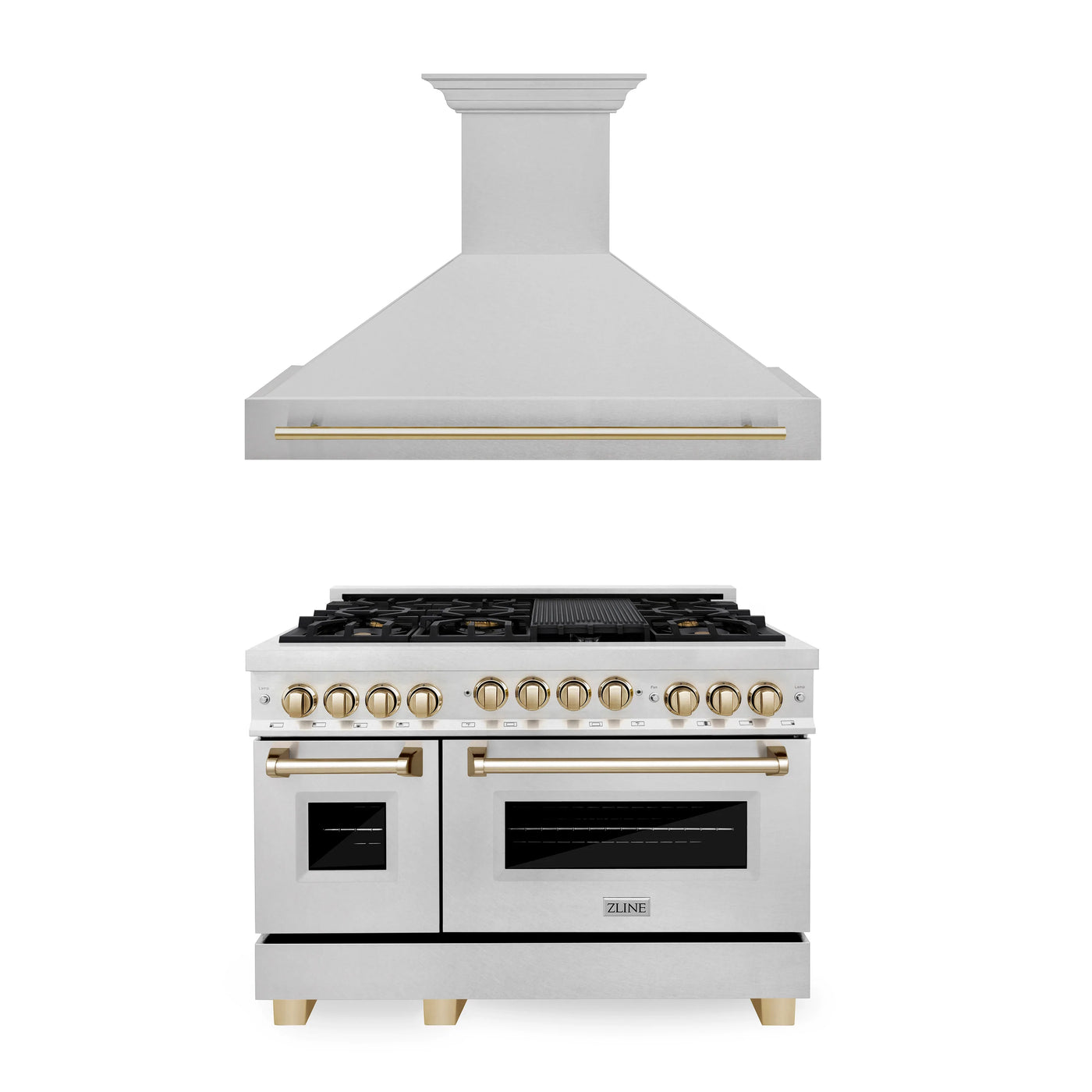 ZLINE 48" Autograph Edition Kitchen Package with DuraSnow® Stainless Steel Gas Range and Range Hood with Gold Accents