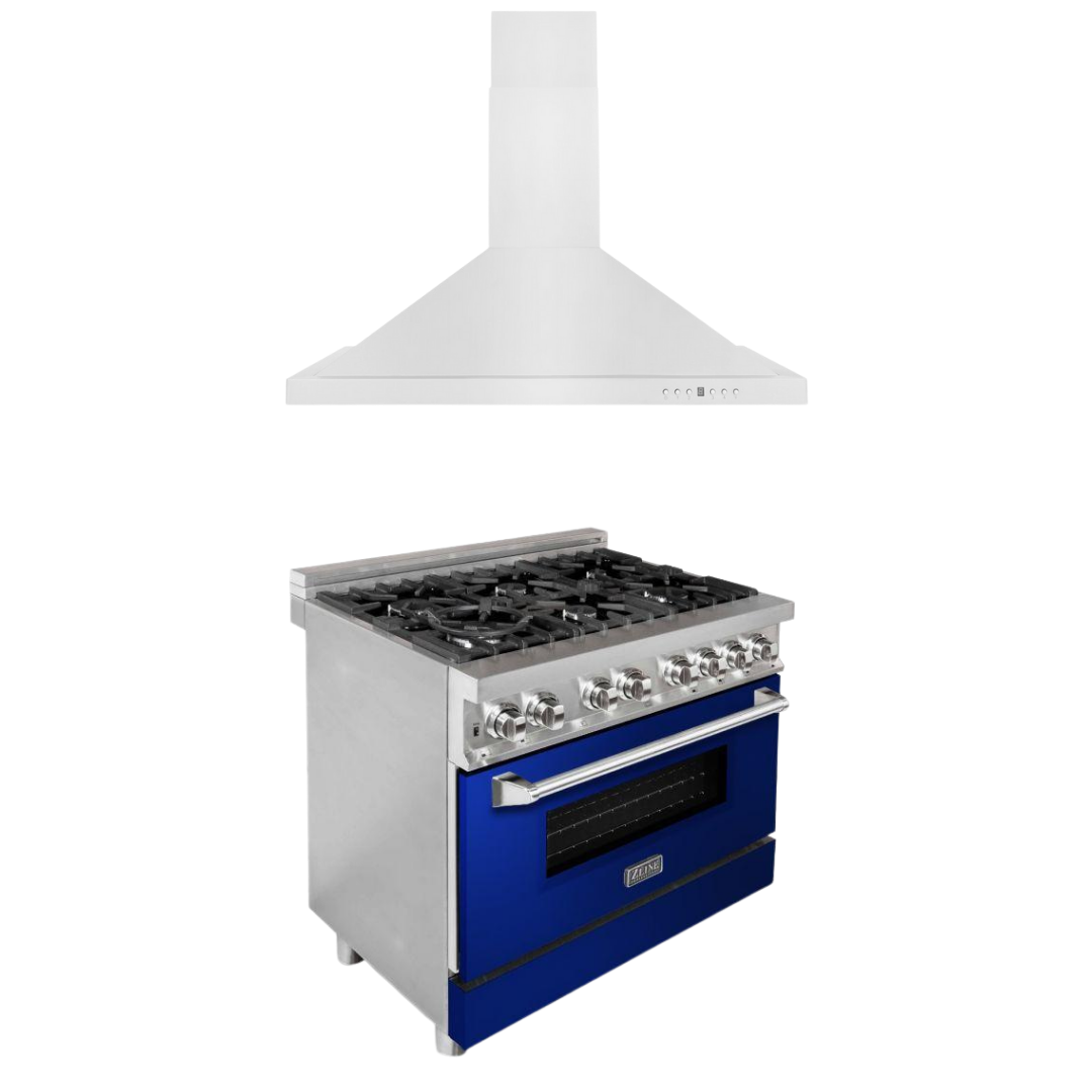 ZLINE 36" Kitchen Package with Stainless Steel Dual Fuel Range with Blue Gloss Door and Convertible Vent Range Hood