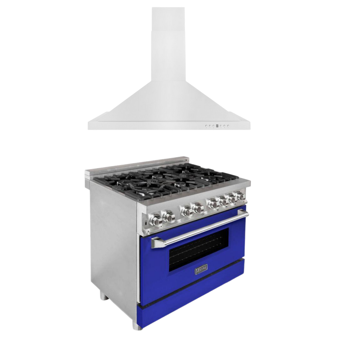 ZLINE 36" Kitchen Package with Stainless Steel Dual Fuel Range with Blue Matte Door and Convertible Vent Range Hood
