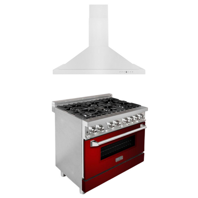 ZLINE 36" Kitchen Package with Stainless Steel Dual Fuel Range with Red Gloss Door and Convertible Vent Range Hood