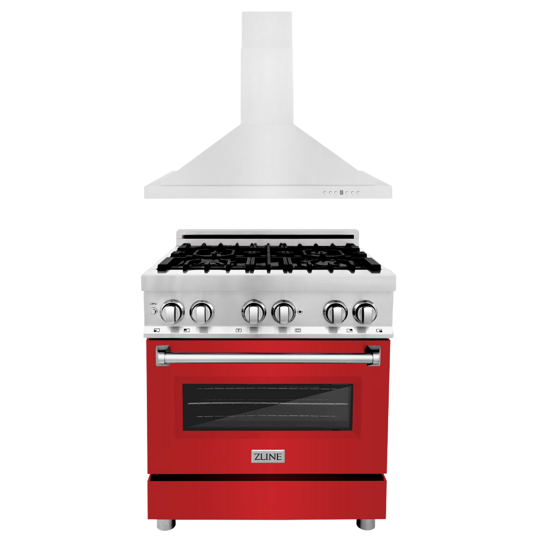 ZLINE 30" Kitchen Package with DuraSnow® Stainless Steel Dual Fuel Range with Red Matte Door and Convertible Vent Range Hood