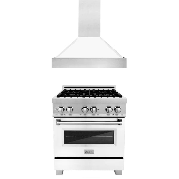 ZLINE 30" Kitchen Package with DuraSnow® Stainless Steel Dual Fuel Range with White Matte Door and Convertible Vent Range Hood