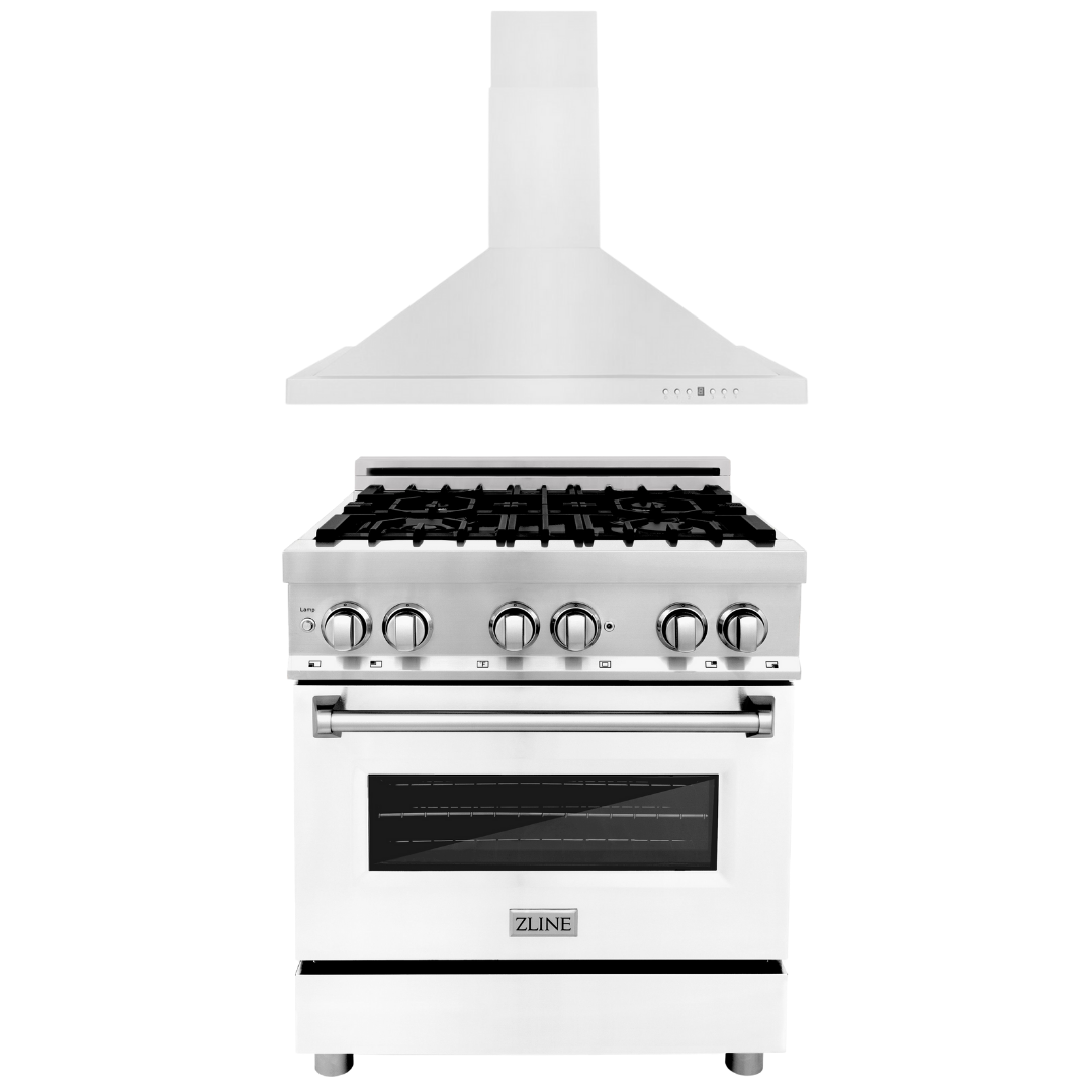 ZLINE 30" Kitchen Package with Stainless Steel Dual Fuel Range with Whiite Matte Door and Convertible Vent Range Hood