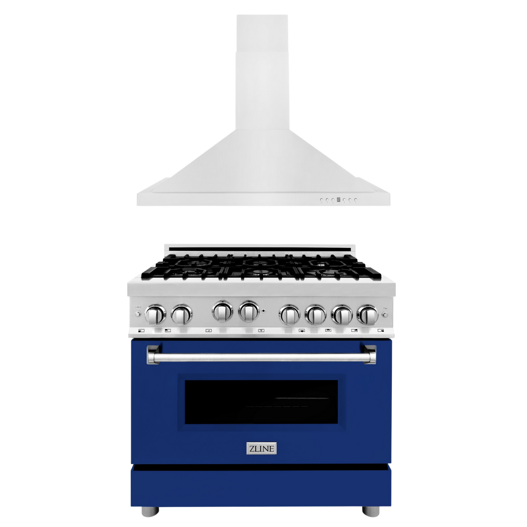 ZLINE 36" Kitchen Package with Stainless Steel Gas Range with Blue Gloss Door and Convertible Vent Range Hood